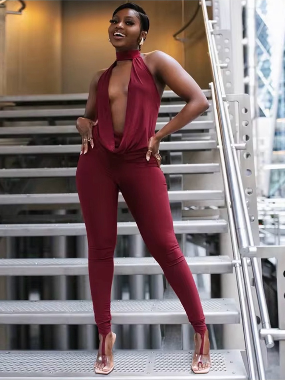 Back-Tie Burgundy Jumpsuit Pants - Women's Slim Fit